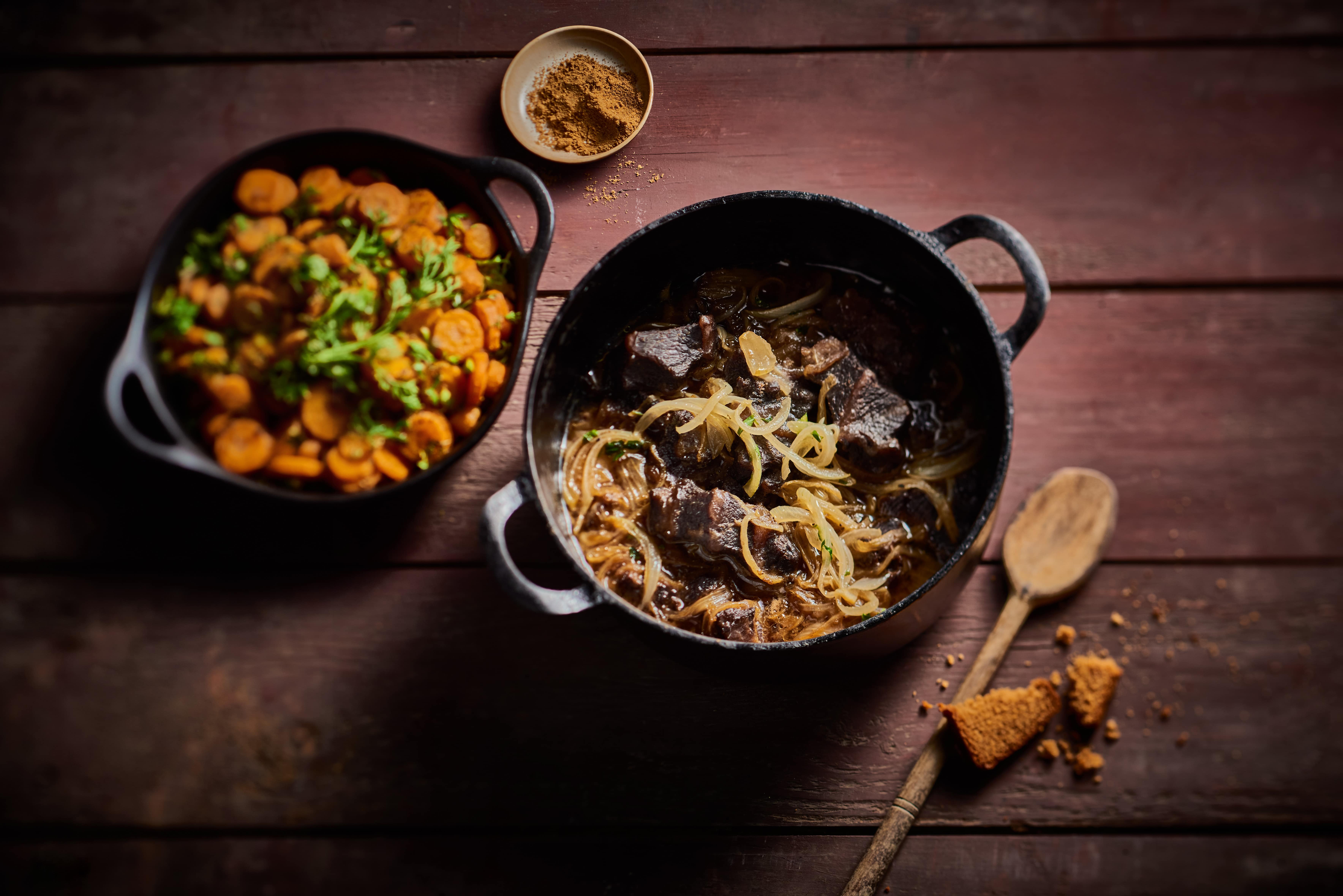 Carbonade de joue de bœuf, carottes au cumin