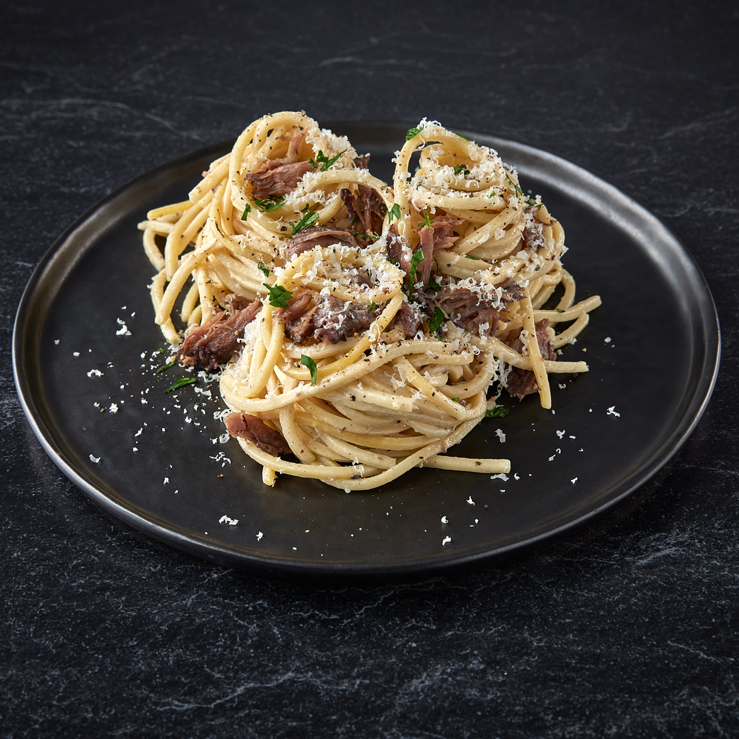 Spaghettis Carbonara aux joues de porc